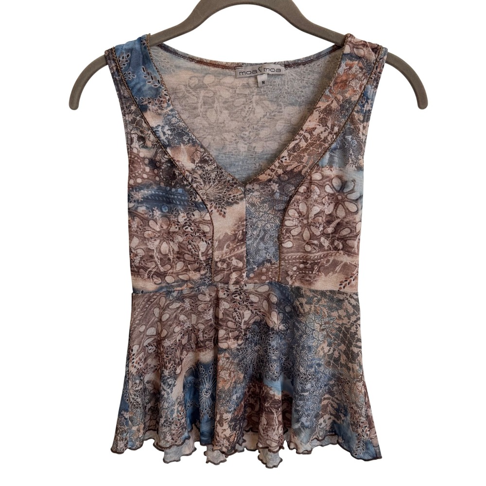 Y2K Moa Moa Womens Medium V-Neck Peplum Babydoll Tank Top Brown Blue Floral‎